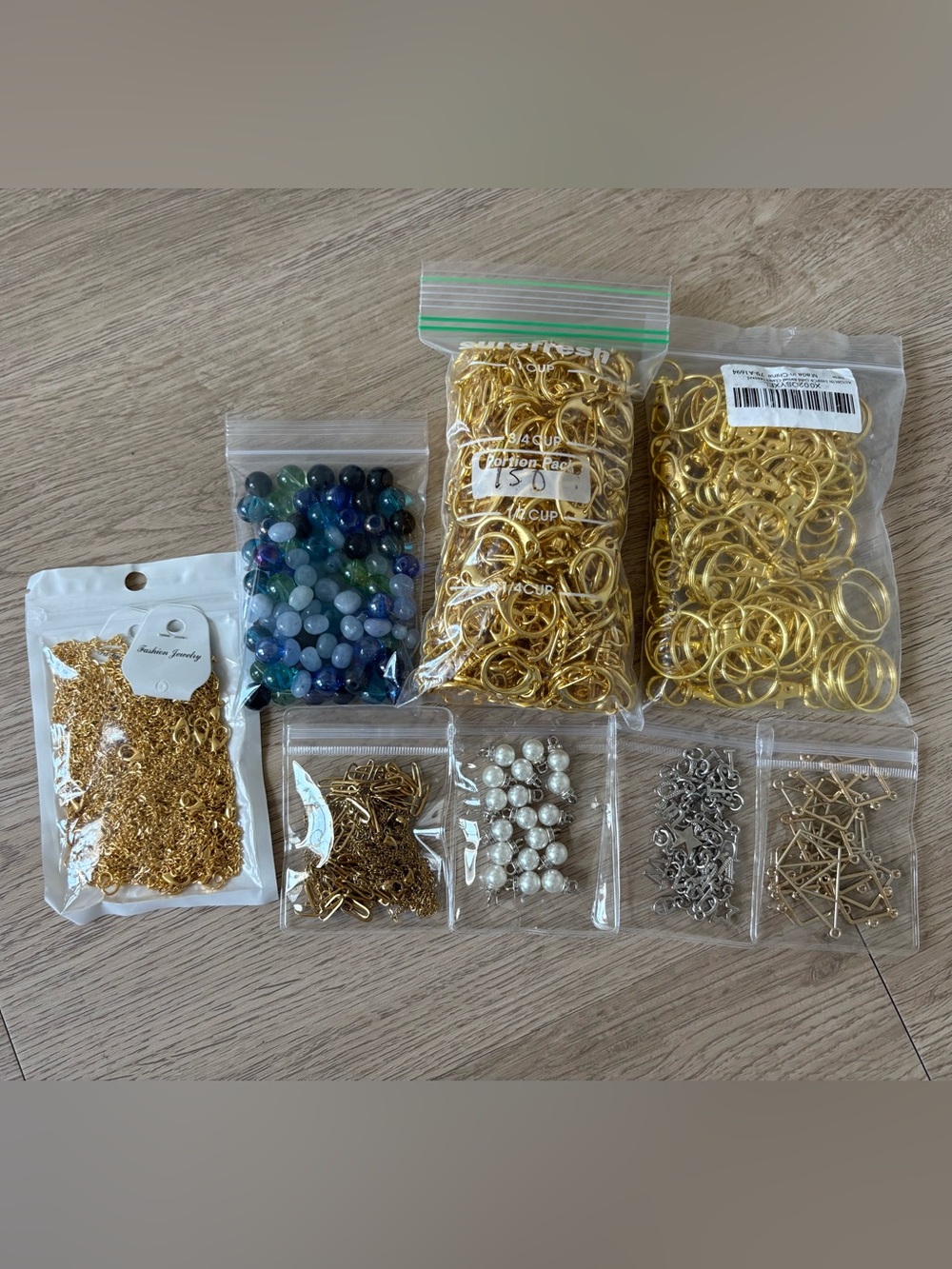 Mixed Jewelry Findings Kit with Gold Rings, Chains, Pearls and Mixed Beads